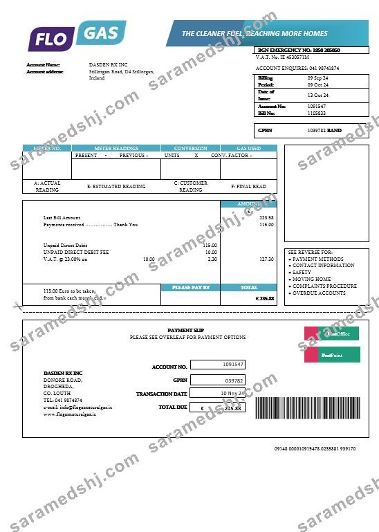 Ireland Flogas Natural Gas business utility bill template in Word and PDF formats
